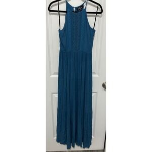 Lulus Teal Blue Embroidered Halter Neck‎ Maxi Dress Size Small